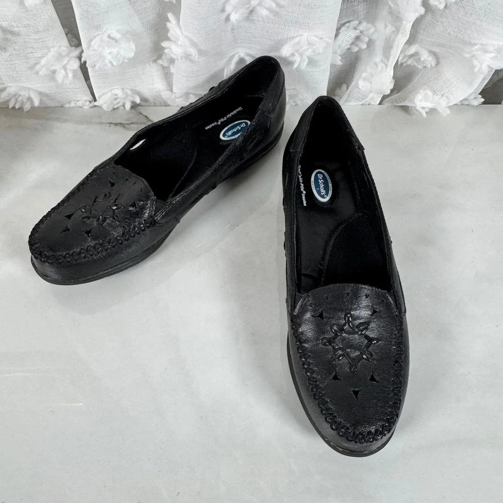 Dr Scholl's Vintage Black Leather Comfort Flats Moc Toe Slip On Grannycore 6.5 M - Picture 10 of 12